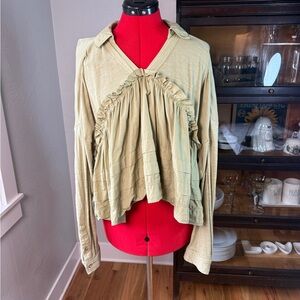 Pilcro Anthropologie Ruffle Front Collared Long Sleeve Top Sage Green Size M